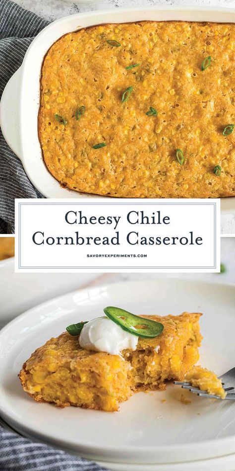 Cheesy Chile Cornbread Casserole pairs the sweetness of cornbread with the subtle heat of hatch chiles and chile powder for an incredible side dish. Chile Cornbread, Oven Casserole Recipes, Mexican Cornbread Casserole, Cornbread Casserole Recipe, Hatch Chiles, Moist Cornbread, Hatch Chili, Casserole Side Dishes, Cornbread Casserole