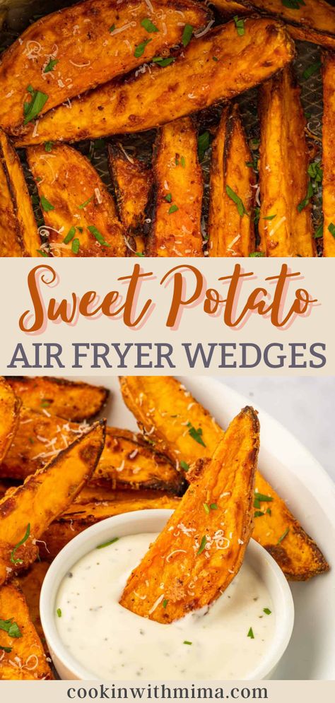 These Sweet Potato Air Fryer Wedges are perfectly seasoned and absolutely delicious! Making this entire recipe takes just about 30 minutes and the flavor is mind-blowing. You’ll love every single bite. Serve these sweet potato wedges as a delicious side to any meal or as a snack on their own! Air Fryer Sweet Potato Wedges, Crispy Sweet Potato Wedges, Hosting Recipes, Freeze Sweet Potatoes, Potato Wedges Recipe, Wedges Recipe, Sweet Potato Skins, Crispy Sweet Potato, Sweet Potato Wedges