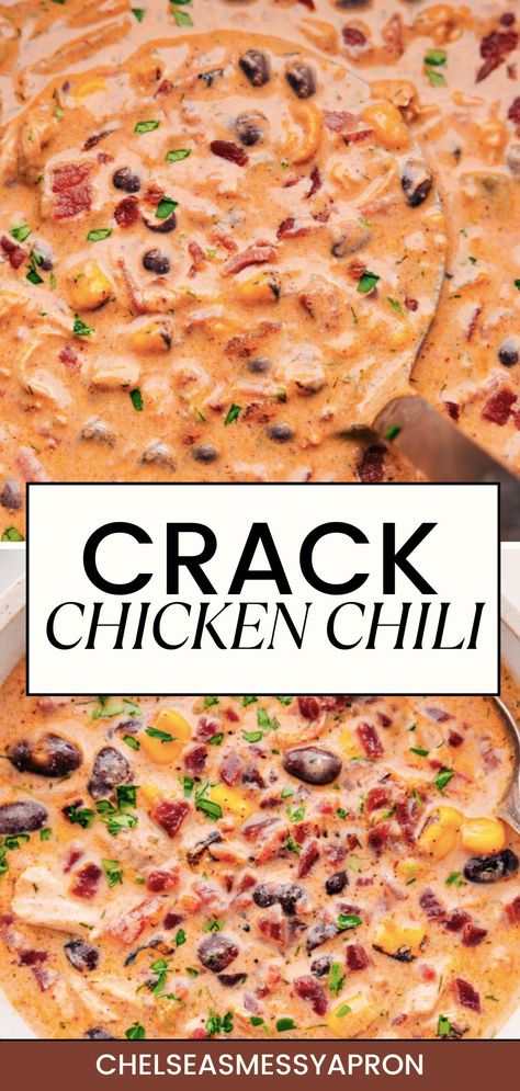 Crack Chicken Chili is amazing! This creamy chili with chicken, bacon, and ranch has the perfect seasoning blend and lots of tasty ingredients. Cracked Chicken Chili, Taco Ranch Chicken Chili, Cowboy Chicken Chili, Smoked Chicken Meals, Creamy Ranch Chicken Chili, Chicken Bacon Chili, Ranch Chicken Chili, Ranch Chili, Chicken Chili Instant Pot