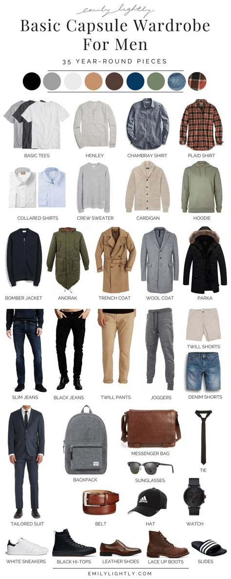 A Basic Year-Round Capsule Wardrobe for Men - Emily Lightly Standalone Closet, Minimalist Wardrobe Men, Capsule Wardrobe For Men, Capsule Wardrobe Men, Wardrobe For Men, Men's Capsule Wardrobe, Mens Wardrobe Essentials, Minimalist Moda, Minimalist Fashion Men