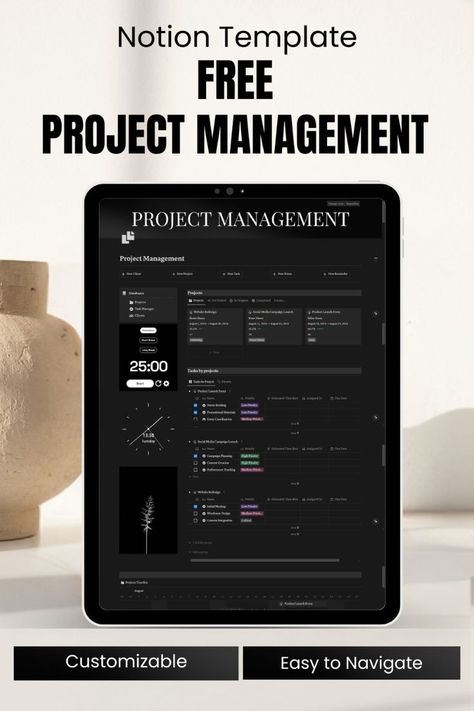 Simplify your project management with our Notion Template! Perfect for task organization, milestone tracking, and deadline management. Stay on track and achieve project success effortlessly. Start planning today! 📅📈 #ProjectManagement #NotionTemplate #TaskOrganization #MilestoneTracking #DeadlineManagement #Productivity #Efficiency Notion Project Management, Notion Template For Work, Task Organization, Task Manager, Project Management Templates, Kanban Board, Dashboard Template, Notion Template, Aesthetic Template