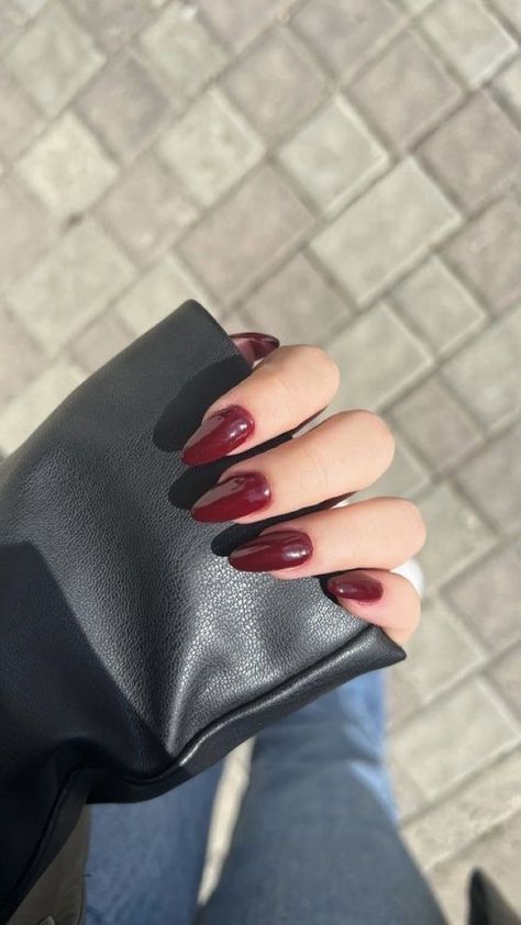 Dark Red Acrylic Nails Almond, Almond Dark Red Nails, Vampire Red Nails, Dark Red Almond Nails, Red Maroon Nails, Almond Nails Classy, Red Nail Theory, Nail Theory, Almond Nails Red