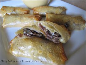 Big Mama's Home Kitchen: French Dip Egg Rolls with Au Jus Baked Egg Rolls, Kitchen French, Muenster Cheese, Baked Egg, Hot Appetizers, Egg Roll Recipes, Big Mama, French Dip, Super Bowl Party