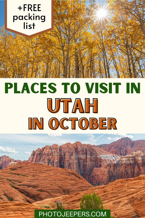 If you’re planning a fall vacation, here’s a list of places to visit in Utah in October. This time of year is perfect to visit Utah’s stunning landscapes and enjoy outdoor activities. You’ll find a variety of Utah vacation destinations to go during the month of October like National Parks, State Parks, National Monuments, and some fall-themed tourist attractions! Zion National Park October, Utah In October, Park City Utah In October, Utah Fall Activities, What To Do In Utah, Utah Packing List, Places To Visit In Utah, Arches Park, Utah Arches