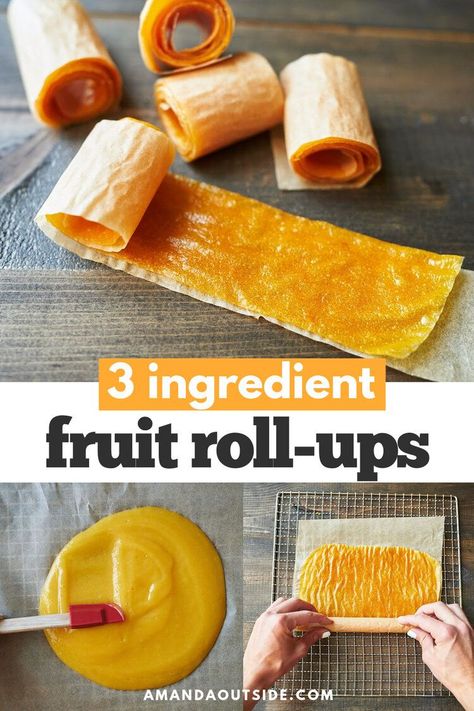 How to make dehydrated fruit roll ups with only 3 ingredients! This is one of the easiest dehydrator recipes you can make. Homemade fruit rolls ups make a great hiking snack or quick snack for busy days at home. This fruit leather recipe uses canned pears and canned peaches, so it’s a healthy snack that you can make year-round. Dehydrated food is a lot of fun to make. Grab the recipe and let’s start dehydrating! #snacks #fruit Peach Fruit Roll Ups Homemade, Peach Fruit Roll Ups Dehydrator, Dehydrating Fruit Leather Recipes, Mango Fruit Roll Up Recipe, Fruit Rolls Up, How To Make Homemade Fruit Roll Ups, Dehydrated Fruit Snacks, Cantaloupe Fruit Leather Recipe, Making Fruit Leather In A Dehydrator