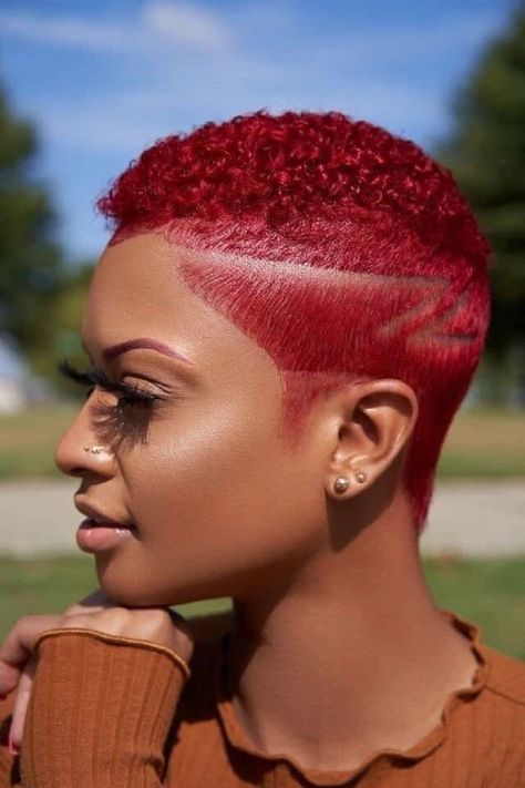 50 Shaved Hairstyles for Black Women - Inspired Beauty Hair Dye On Short Hair, Ruby Red Hair Dye, Ruby Red Hair, Red Hair Dye, Natural Hair Haircuts, Short Hair Designs, Black Hair Short Cuts, Short Shaved Hairstyles, Shaved Hair Designs