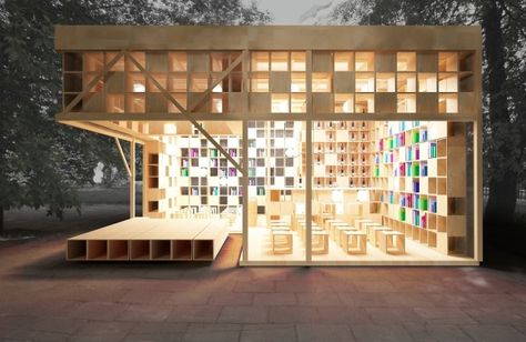 ruetemple book pavillion - bar, stage, seating Tiny Library, Street Library, Outdoor Shelves, Module Design, Decorating Bookshelves, Architectural Studio, Library Architecture, Kiosk Design, Wooden Structure