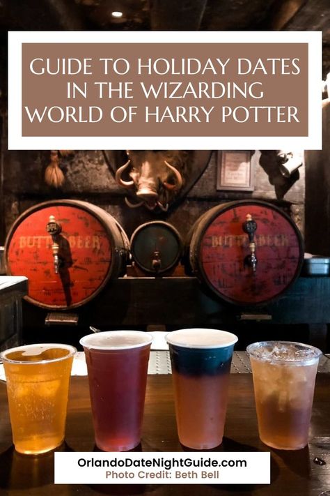 Enjoy a festive date in the Wizarding World of Harry Potter, complete with hot butterbeer, holiday decor, live performances and more. Photo Credit: Beth Bell || Orlando Date Night Guide Hot Butterbeer, Holiday Dates, Wizarding World Of Harry Potter, Wizarding World, Photo Credit, Date Night, Harry Potter, Things To Do, Holiday Decor