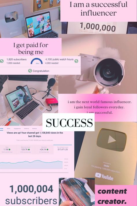 Influence Vision Board, 2024 Vision Board Youtube, Manifesting Youtube Channel, Vlogging Vision Board, Vision Board Business Success, Youtube Success Tips, Start Youtube Channel Vision Board, Start Youtube Channel Aesthetic, Social Media Followers Vision Board