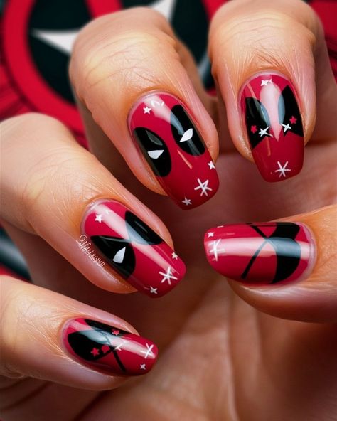 Wade Wilson’s Whimsical Nails: A Deadpool-Inspired Manicure! 💥🔴⚫️ Channeling my favorite anti-hero with this fun and cheeky Deadpool-inspired manicure! Featuring bold red and black colors with playful splashes of white, each nail showcases iconic elements like Deadpool's mask, crossed katanas, and even a few witty catchphrases. Perfect for those who love a little mischief in their style! Ready to break some nail art boundaries? 🦸‍♂️💅 #deadpoolnails #comicbookchic #nailart #nails #deadpool #in... Deadpool Inspired Nails, Deadpool Nail Art, Marvel Nails Designs, Deadpool Nails, Cosplay Claws, Harley Quinn Nails, Whimsical Nails, Batman Nails, Marvel Nails