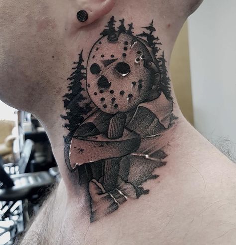 #jasonvoorhees #horrortattoo #belfasttattoo #uktattooartists #necktattoo Jason Mask, Horror Tattoo, Jason Voorhees, Neck Tattoo, Skull Tattoo, Mask, Tattoos