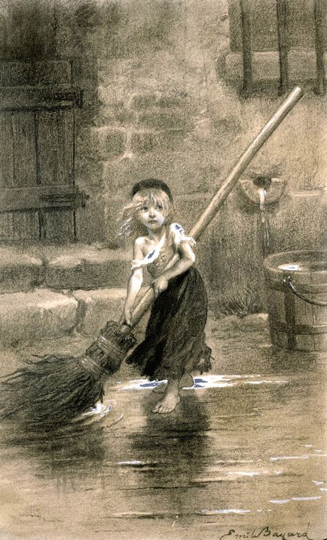 Young Cosette sweeping: 1862 drawing for Victor Hugo's Les Miserables. French illustrator Émile Bayard drew this sketch of Cosette for the first edition. It has become emblematic of the entire story, being used in promotional art for various versions of the musical. Date: 1862. Les Miserables Victor Hugo, Socrates, World Literature, Rory Gilmore, Victor Hugo, Les Miserables, Classic Books, I Love Books, Book Authors