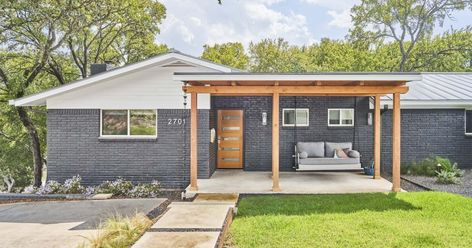 Front Porch Cover, White Trim Exterior, Ranch Porch, Porch Cover, Mid Century Modern Ranch, Front Porch Addition, Mid Century Modern Exterior, Front Door Styles, Ranch House Exterior