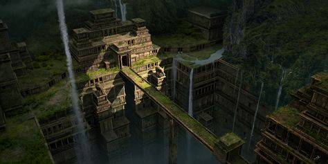 Aztec City, Jungle Temple, Hidden Places, Fantasy City, Fantasy Places, Game Concept Art, Fantasy Art Landscapes, Lost City, Traditional Paintings