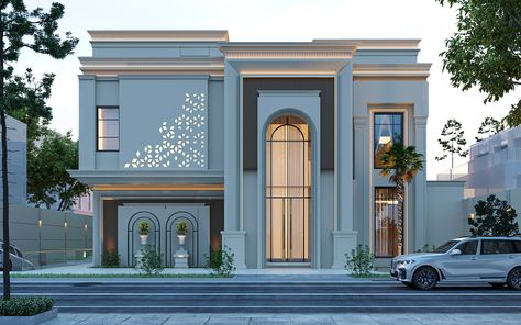 Neo Classic Villa Exterior on Behance New Classic Villa Exterior Design, New Classic Architecture, Neo Classic Villa Exterior, Neo Classic Villa, Classic Villa Exterior, New Classic Villa, Classic Villa Design, Villa Exterior Design, Villa Exterior