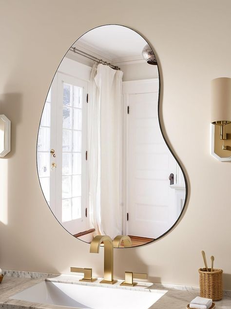 Asymmetrical Mirror Bathroom, Assymetrical Mirror Wall, Bathroom Mirror Asymmetrical, Assymetrical Mirror In Bathroom, Assymetric Mirrors, Minimal Mirror, Asymmetrical Mirror White, Living Room Vanity, Bathroom Furniture Design