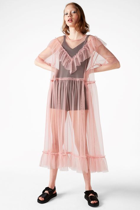 Monki Image 2 of Long mesh ruffle dress in Pink Light Sheer Ruffle Dress, Sheer Tulle Dress, Pink Sheer Dress, Chic Tulle Mesh Mini Dress, Feminine Sheer Pink Dress, Pink Sheer Daywear Dresses, Spring Sheer Mesh Organza Dress, Sheer Dress Outfit, Luxury Sheer Organza Mini Dress