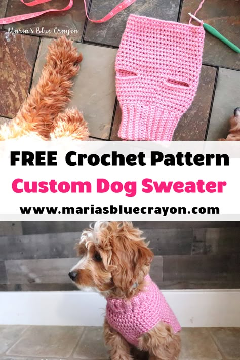 Crochet this dog sweater in any size with the free tutorial on Maria's Blue Crayon blog. #crochet #dog #sweater Crochet A Dog Sweater, Doggie Sweaters, Crochet Dog Sweaters, Crochet Dog Sweater Free Pattern, Knitted Dog Sweater Pattern, Crochet For Pets, Sweater Free Pattern, Dog Sweater Crochet, Crochet Dog Clothes