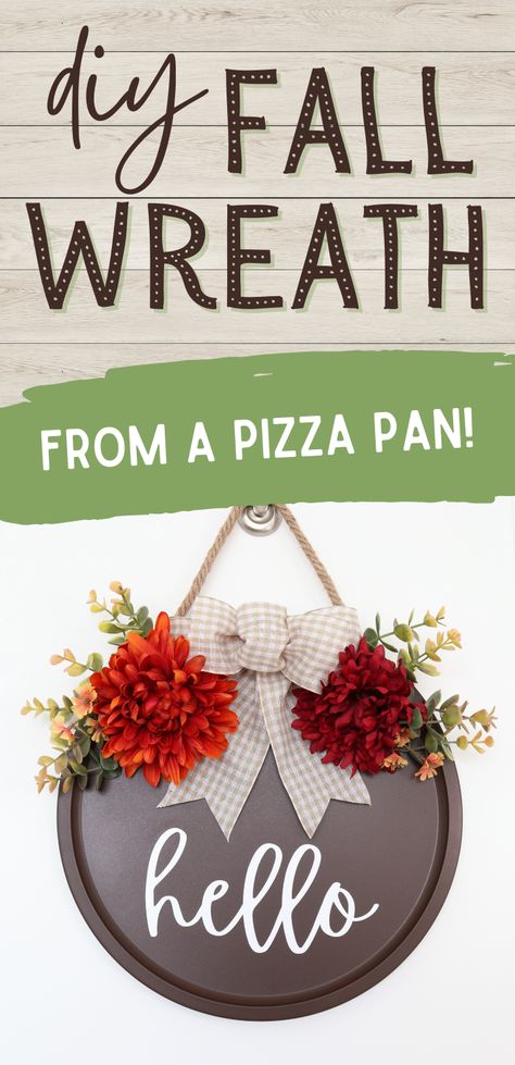 simple pizza pan fall wreath dollar tree craft Fall Pizza Pan Door Hangers, Pizza Pan Fall Crafts, Fall Pizza Pan Craft, Pizza Pan Door Hanger Diy, Pizza Pan Door Hanger, Pizza Pan Crafts, Pizza Pan Wreath, Fall Pizza, Diy Pumpkins Crafts