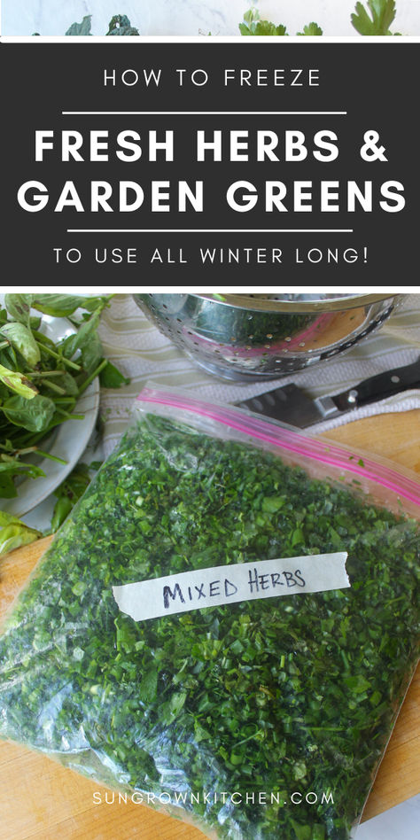 A bag of chopped herbs for the freezer. Freezing Herbs In Butter, How To Save Fresh Herbs, How To Preserve Fresh Herbs, Fresh Herbs Recipes, How To Freeze Fresh Herbs, Freezing Oregano, Garden Harvest Recipes, Saving Fresh Herbs, How To Freeze Herbs