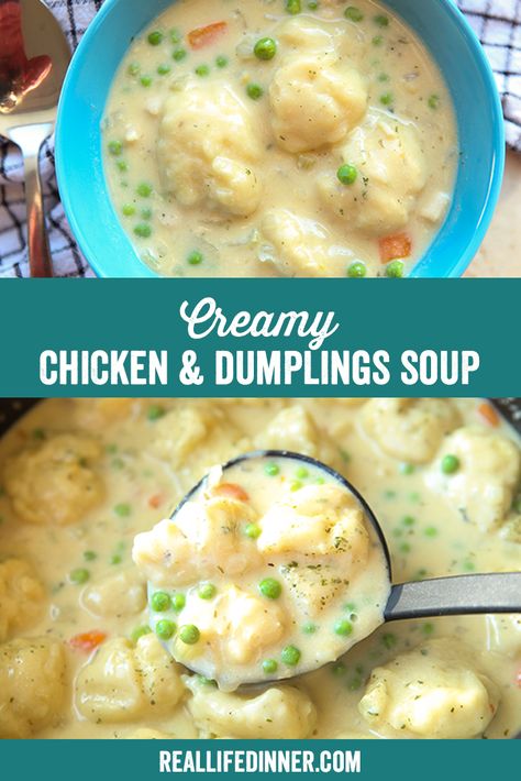 Creamy Chicken and Dumplings Soup ~ https://reallifedinner.com Chicken And Dumplings Soup, Chicken And Dumpling Soup, Dumplings Soup, Creamy Chicken And Dumplings, Chicken Dumpling Soup, Dumpling Soup, Winter Soup Recipe, Chicken Pot Pie Soup, Pot Pie Soup