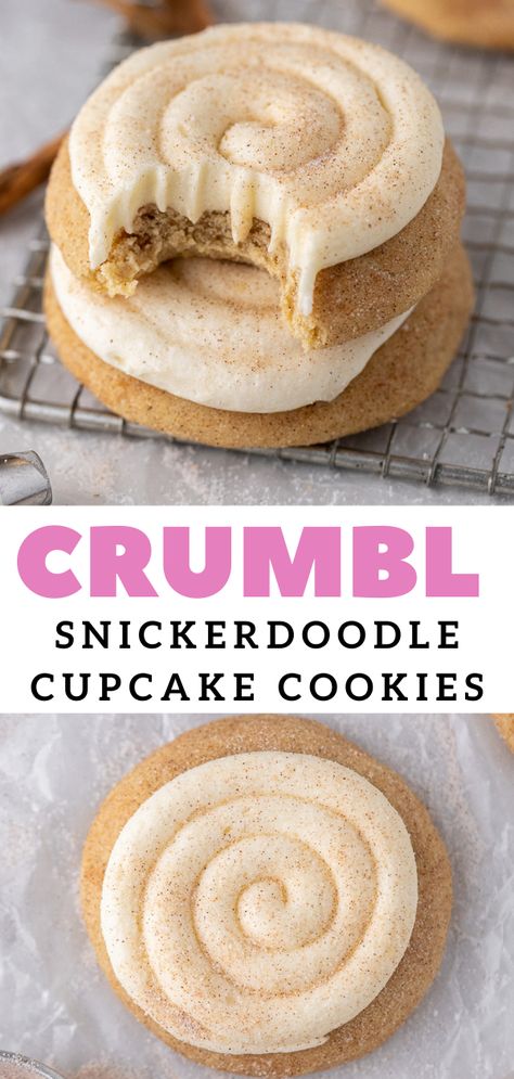 These CURMBL snickerdoodle cupcake cookies are the ultimate copycat recipe. It is made with a soft and chewy snickerdoodle cookie base then topped with a smooth and creamy cream cheese frosting on top and topped with extra cinnamon sugar for crunch. It tastes just like the cookie from the CURMBL bakery, but will save you a ton of money in the process! Crumbl Snickerdoodle, Cookie Snickerdoodle, Copycat Cookies, Cookies With Icing, Snickerdoodle Cupcakes, Best Snickerdoodle Cookies, Crumble Cookie Recipe, Lifestyle Of A Foodie, Recipe Copycat