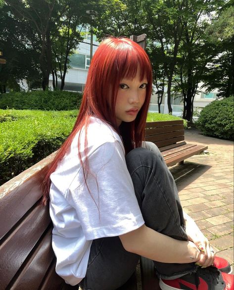 Red Hair Korean, Asian Red Hair, Red And White Outfits, Dyed Red Hair, Girls With Red Hair, January 10, Pretty Selfies, Insta Photo Ideas, Pink Hair