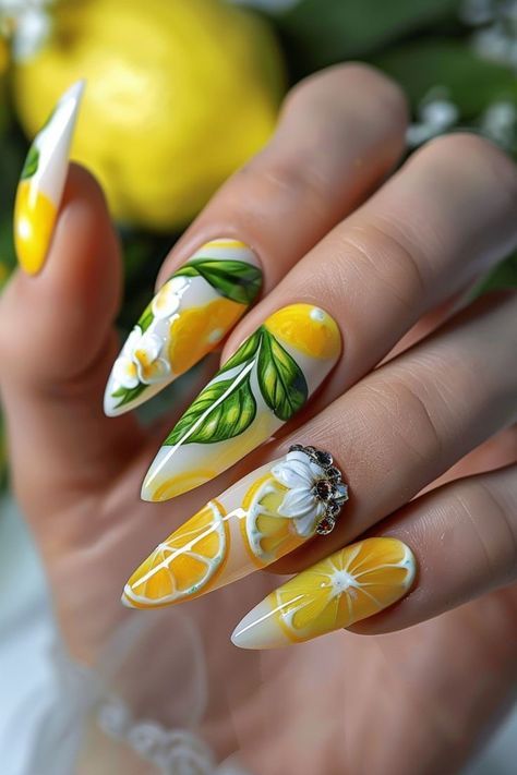 Lemon Nails Designs Summer, Amalfi Nails, Summer Nail 2024 Trends, Fruit Nails Design, Lemon Nails Designs, Pink Lemonade Nails, Lemonade Nails, Lemon Nail Art, Nails Lemon