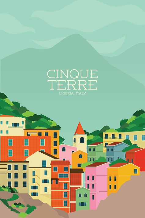 An illustration of the colorful houses on Cinque Terre Italy Illustration, Vintage Italian Posters, Home Vibes, Wanderlust Decor, Artsy Gift, Vibrant Home, Colorful Houses, Cinque Terre Italy, Travel Globe