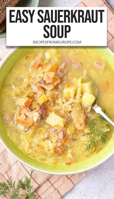 This delicious soup - loaded with sauerkraut, vegetables, and a few tasty meats - is so easy to make, filling, and perfect for colder days! Easy Sauerkraut, Crock Pot Sloppy Joes, Sauerkraut Soup, Pork Broth, Sauerkraut Recipes, Tasty Meat, Cooked Cabbage, Fall Comfort Food, Ukrainian Recipes