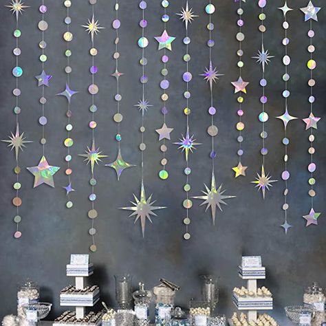 Iridescent Party Decorations, Iridescent Party, Star Circle, Hanging Stars, Gold Party Decorations, Cd Crafts, 40th Birthday Decorations, Banners Buntings, Star Party