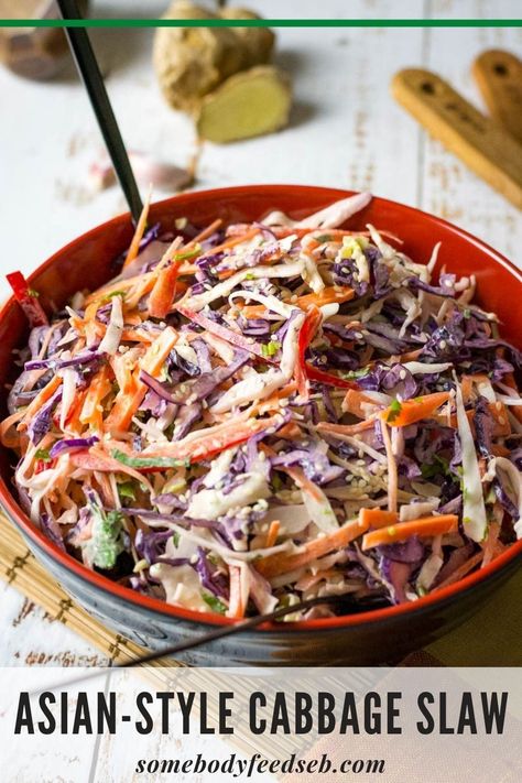 Sesame Mayo, Asian Cabbage Slaw, Creamy Coleslaw Recipe, Jackfruit Burger, Asian Cabbage, Asian Coleslaw, Mayo Dressing, Asian Side Dishes, Asian Slaw