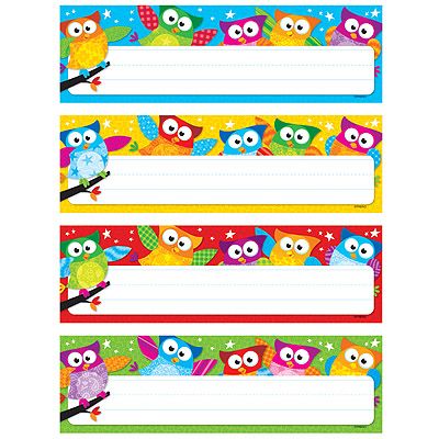 Trend Enterprises....I am sooooo doing the owl theme this year. Monkeys were great in 3rd, but I'll have some of the same kids! Camila Alvarez, Owl Name Tags, Desk Toppers, Class Labels, Owl Theme Classroom, Owl Classroom, Spider Crafts, Teachers Aide, Classroom Labels