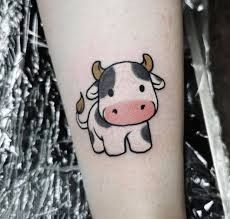 Cow Small Tattoo, Mini Cow Tattoo Ideas, Cute Cow Tattoo Ideas, Small Cow Tattoo Ideas, Cow Tattoo Small Cute, Mini Cow Tattoo, Kawaii Cow Tattoo, Cow Print Tattoo, Baby Cow Tattoo