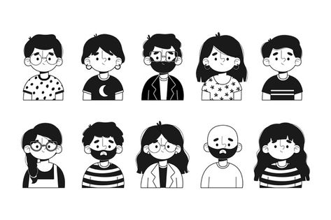 People avatars illustration concept | Free Vector People Avatar Illustration, Black And White Character Design, People Avatar, Avatar Theme, Illustration Design Graphique, Illustrated People, Doodle People, Daily Moments, Drawing Cartoon Faces