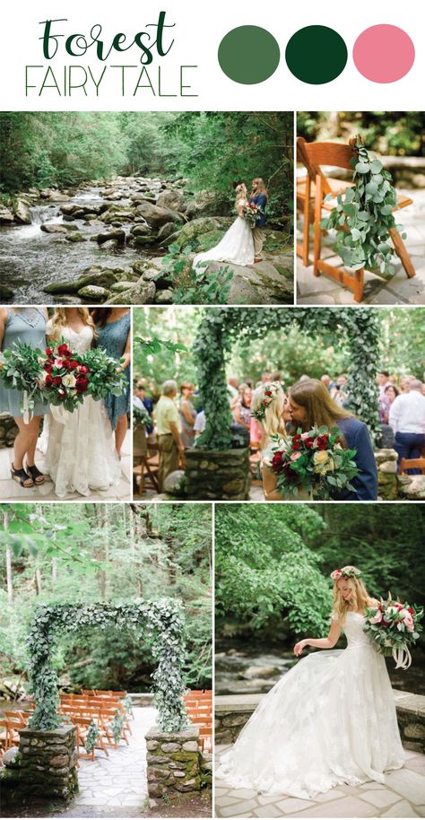 A Forest Fairytale Wedding in the Smoky Mountains #forestfairytalewedding #woodlandfairytalewedding #woodlandweddingideas #forestweddingideas #enchantedforestwedding #enchantedwoods #smokymountainwedding Fairy Garden Wedding Colors, Forest Spring Wedding, Fairytale Wedding Colors Colour Palettes, Final Fantasy Wedding Theme, Woodland Wedding Colors, Fairy Wedding Color Palette, Woodland Fairy Wedding, Enchanted Forest Wedding Theme, Organization 13