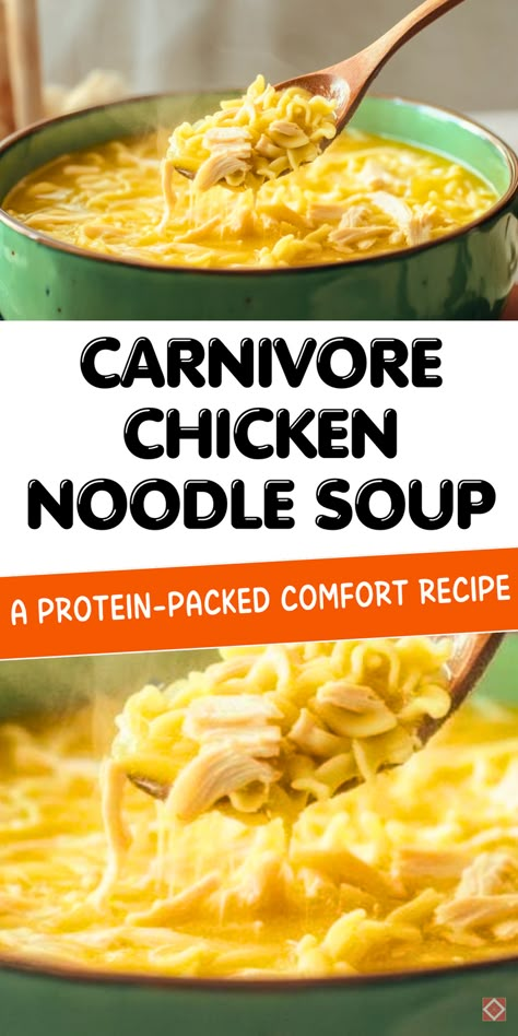 Enjoy the ultimate comfort food with this protein-packed Carnivore Chicken Noodle Soup! Perfect for those on the carnivore diet, this hearty soup features tender chicken and meaty noodles for a satisfying, low-carb meal. It's warm, filling, and packed with flavor—ideal for cold nights or meal prep. Save this pin to try a comforting carnivore soup! Animal Based Soup, Carnivore Noodles Recipe, Carnivore Chicken Soup, Carnivore Slow Cooker Recipes, Carnivore Diet Soup Recipes, Carnivore Noodles, Soft Food Diet After Surgery, Carnivore Soup Recipes, Carnivore Soup