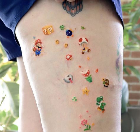 Baby Dragon Tattoos, Super Mario Tattoo, Nintendo Tattoo, Peach Tattoo, Leg Tattoo Ideas, Mario Tattoo, Cartoon Tattoo, Funky Tattoos, Cute Tattoo