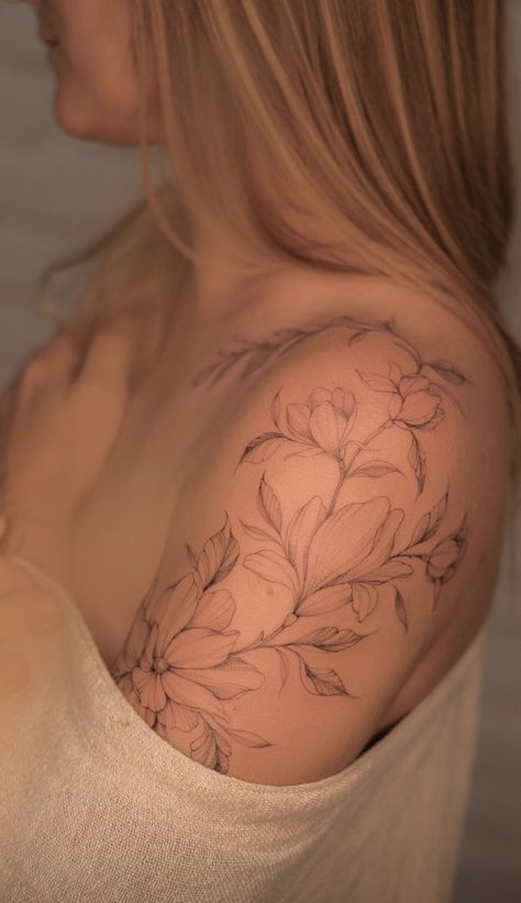 Collarbone And Shoulder Tattoo, Botanical Tattoo Sleeve Delicate, Delicate Shoulder Tattoo, Shoulder Floral Tattoo, Flower Shoulder Tattoos, Floral Shoulder Tattoo, Botanical Tattoo Sleeve, Botanical Sleeve, Shoulder Cap Tattoo