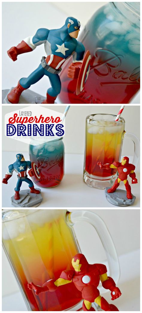 Love these layered drinks for little superheroes!  pour your most heavily concentrated drink at the bottom and then the gatorade on top. It actually keeps itself layered! Superhero Drinks, Avenger Party, Marvel Birthday Party, Layered Drinks, Marvel Party, Avenger Birthday Party, Avengers Party, Free Tickets, Avengers Birthday