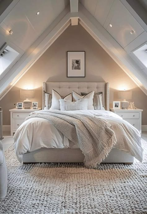 Bedroom Pitched Ceiling, Cosy Attic Bedroom, Low Attic Bedroom Ideas, Modern Bedroom Ceiling Design, Cute Attic Bedroom Ideas, Loft Bedroom Ideas Sloped Ceiling, Attic Bedroom Ideas Master, Finished Attic Ideas, Attic Bedroom Ideas Angled Ceilings