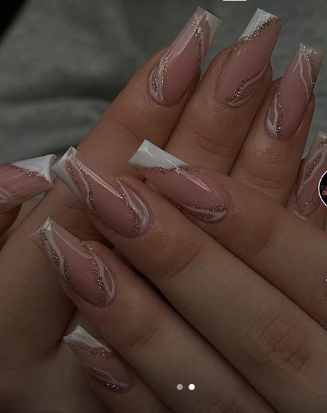 French Tip With Abstract Lines, White Nails With Gold And Silver Design, New Years Nail Designs Coffin Shape, Simple Long Nail Designs Classy, Gold French Tip Nails Coffin, Nail For New Years Ideas, Nails Acrylic Unique, January Nails Coffin, Black And Gold New Years Nails