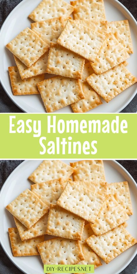 Craving crunchy saltine crackers? This easy homemade recipe uses basic pantry ingredients like flour, yeast, and butter for a deliciously crispy result. Try it today! Homemade Saltine Cracker Recipes, How To Make Saltine Crackers, Crackers Recipe Appetizers, Homemade Oyster Crackers, Recipe For Crackers, Butter Crackers Recipe, How To Make Crackers Homemade, Home Made Crackers Recipes, Easy Cracker Recipe