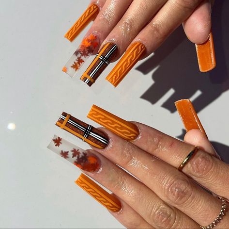 Fall Nail Art Long Nails, Fall Nails Extra, Thanksgiving Long Acrylic Nails, Fall Nails 3d Art, Harvest Acrylic Nails, Fall Square Acrylic Nails, Thanksgiving Nail Designs Fall, Nail Rainbow, Fall Sets Nails