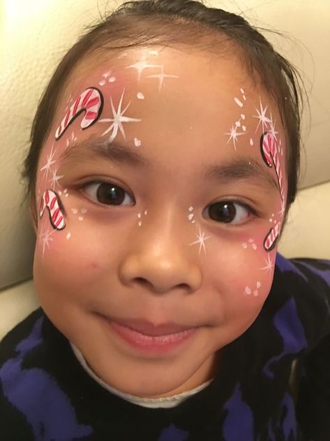 Simple Christmas Face Painting For Kids, Candy Cane Face Paint, Simple Christmas Face Paint, Easy Christmas Face Painting Ideas, Christmas Face Painting For Kids, Christmas Face Painting Easy, Winter Face Painting, Simple Christmas Hairstyles, Frozen Face Paint