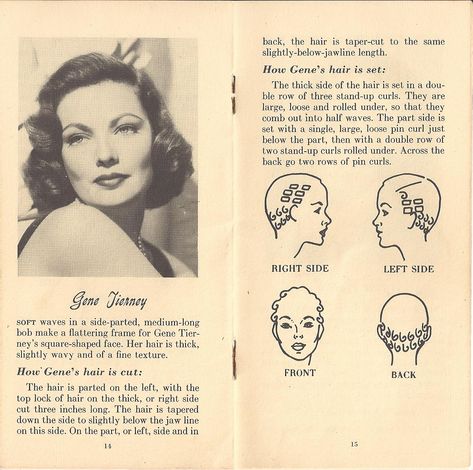 Pin curl setting pattern, Gene Tierney- This is the style my mom wore in the 50's with the curls framing her face and around to the the nape of her neck. 1950s Hairstyles, Gene Tierney, 1940s Hairstyles, Wet Set, Hollywood Hair, Hair Patterns, Pin Curls, Curl Pattern, Hair Setting