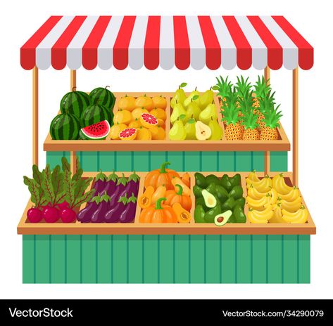 Supermarket Cartoon, Fruit Cart, Fruit Stall, Shop Vector, Vegetable Shop, Supermarket Design, Fruit Vector, Fruit Crate, Fruit Shop