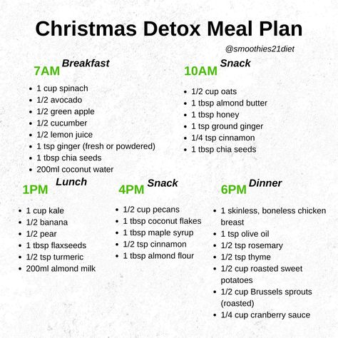 CHRISTMAS DETOX MEAL PLAN 🥭🍓🍌 Are you up for it? 🎯This is how it work: 👉 7’00 AM: Breakfast Smoothie 👉 10’00 AM: Snack 1 👉 1’00 PM: Lunch Smoothie 👉 4’00 PM: Snack 2 👉 6’30 PM: Dinner Meal 😂You don’t need to worry, because all the ingredients and recipes have been guided by us in advance.🥒🍏 ✅Every day you just need to open the refrigerator and blend the smoothie. 💧 Drink plenty of water during the day to stay hydrated. You can also drink herbal teas. 🏃 Light exercising is recommende... Christmas Detox, Detox Meal Plan, Lunch Smoothie, Drink Plenty Of Water, Dinner Meal, Breakfast Snacks, Herbal Teas, Ground Ginger, Breakfast Smoothie