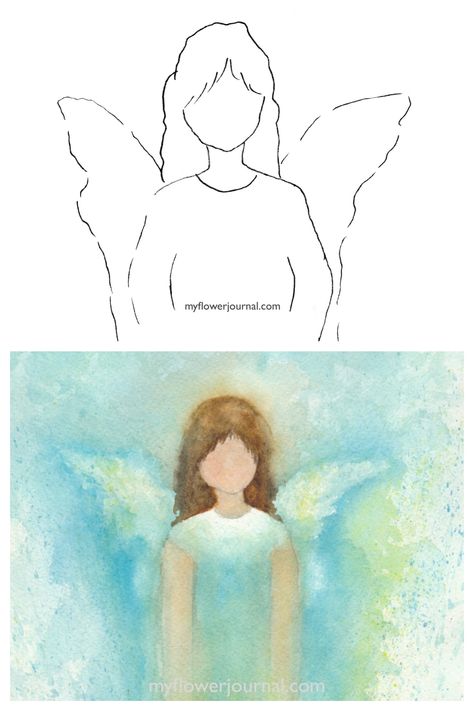 I started with this simple drawing on watercolor paper to create my angel in watercolor. myflowerjournal.com Angel Wings Painting, Watercolor Angel, Angel Wings Art, Flower Journal, Frida Art, Angel Artwork, Angel Drawing, Out Of My Comfort Zone, Wings Art