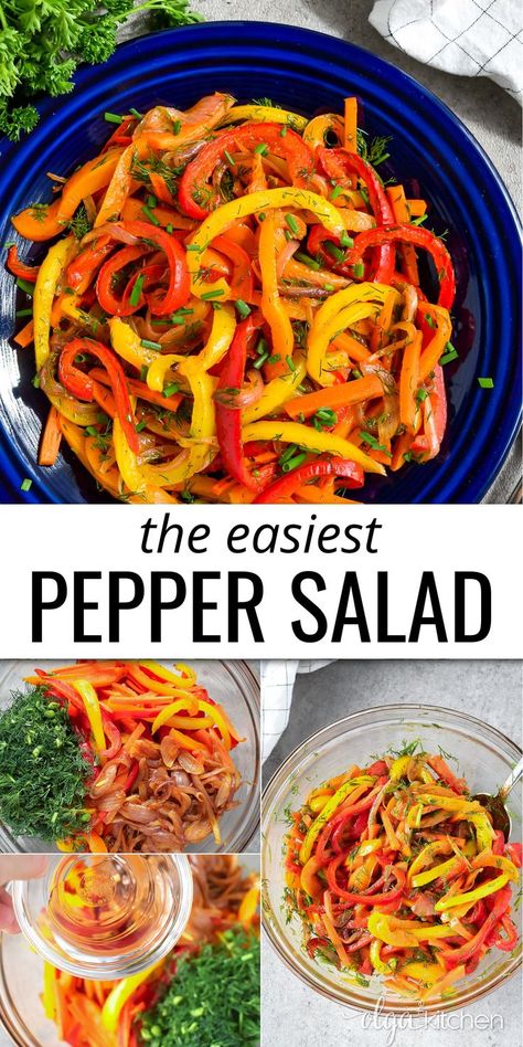 This oven roasted pepper salad recipe is so easy. It takes about 20 minutes to make it and few hours to marinate. It’s the perfect make-ahead salad that can be made the day before and refrigerated until ready to serve. Roasted Peppers Salad, Pepper Salad Recipes, Peppers Salad, Red Pepper Salad, Baked Breaded Chicken, Pepper Salad, Make Ahead Salads, Baked Chicken Drumsticks, Bbq Pork Ribs